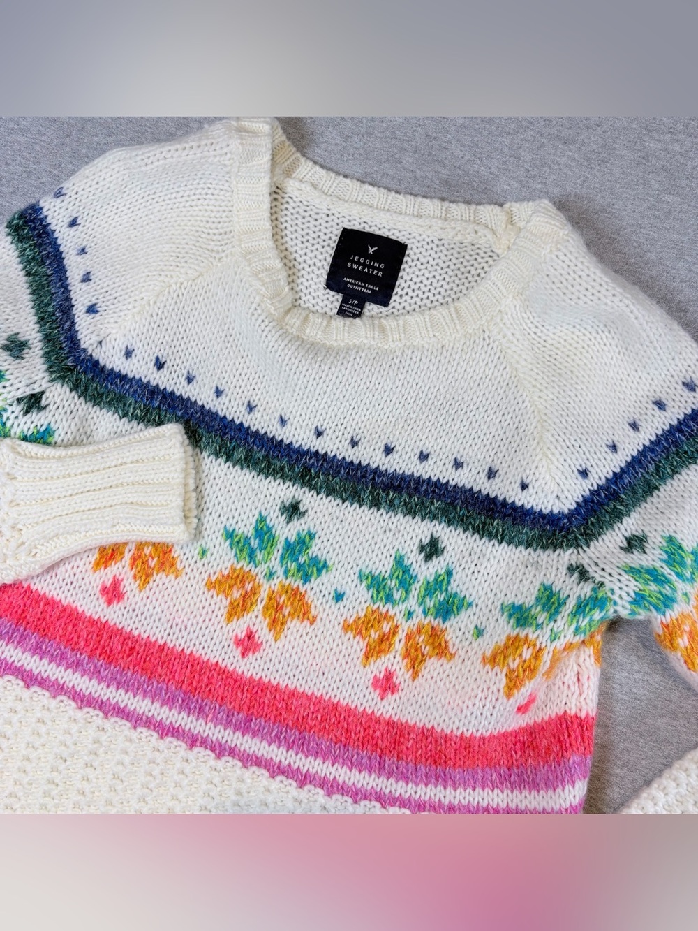 American Eagle Jeggings Sweater Size S Nortic Fair Isle‎ Snowflake Sky Ivory